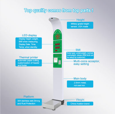 Smart AC100-240V Operação de moedas Altura Peso Balança corporal Venda com impressão G.W 47kg