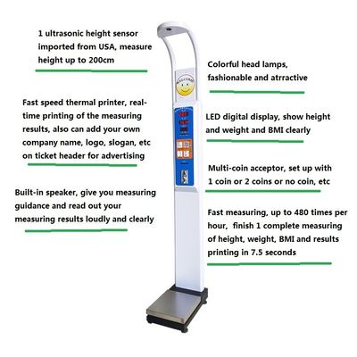 AC100-240V Fornecimento de energia Faixa de peso 8-200kg BMI Checkup Médico Máquina de Venda de Balança